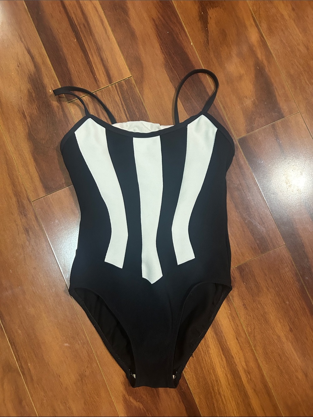 Black & White Striped One-Piece Swimsuit - Sleek Vertical Panels*Vintage*